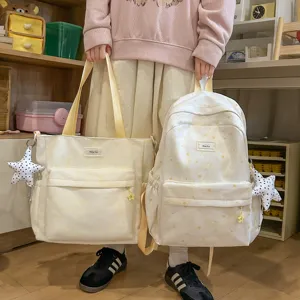 Japanese sweet style milk white star print backpack and casual shoulder tote bag detail view