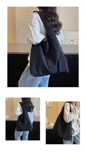 Borsa tote nera in tela di grande capacità in stile coreano borsa a tracolla casual