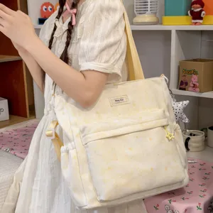 Japanese sweet style cream white star print canvas shoulder bag for women daily casual tote