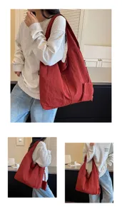 Borsa shopper oversize casual in tela rossa da donna, borsa a tracolla morbida con tasca