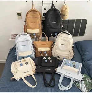 Ensemble de sac à dos d'ecole colorblock style coreen avec fourre-tout assorti, cartable tendance.