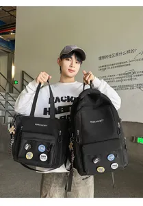 Ensemble sac à dos et cabas noir style coréen pour étudiants, sac d'école décontracté.