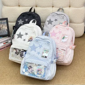 Sweet style polka dot star ita backpack with clear front pocket for anime fans student daily use.