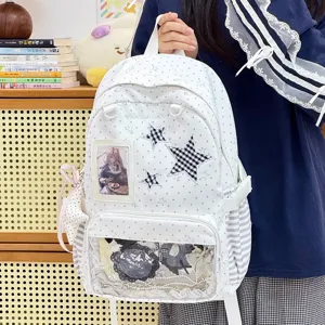 Detailed view of sweet Japanese style white polka dot ita backpack with transparent window.