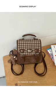 Mini Sac à Dos à Carreaux Vintage Style Préppy Japonais en Cuir PU pour Étudiante