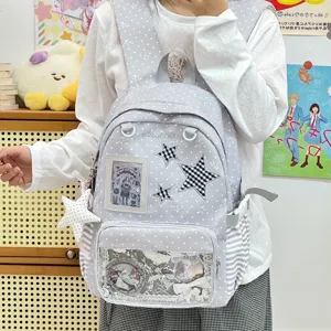 Grey polka dot ita bag sweet style backpack with transparent window and star appliques for fans.