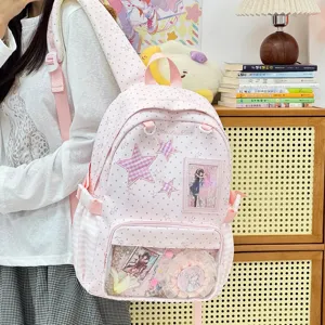 Pink polka dot ita backpack sweet style school bag with clear window stars patch
