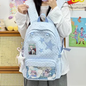 Sweet Japanese style light blue polka dot star ita backpack with clear window for anime pins.