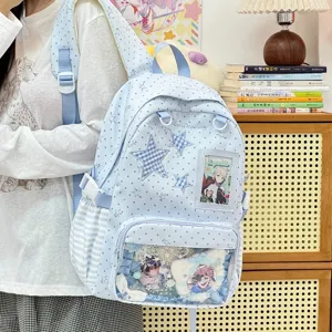 Light blue star polka dot ita backpack cute anime school bag with clear window pocket