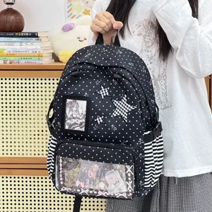Detailed view of sweet anime ita backpack with polka dots, stars, and clear display window.