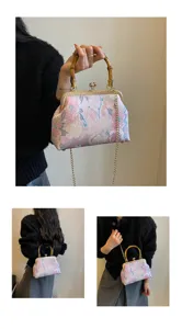 Chinese stijl retro brokaat handtas met bamboe handvat, elegante avond schoudertas voor vrouwen.
