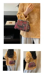 Vintage bamboo handle kiss lock shoulder bag with red black bamboo print for women chic fashion