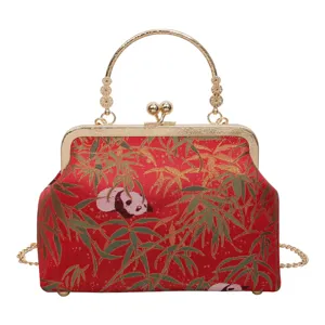 New Chinese style retro kiss-lock handbag red bamboo panda print evening shoulder bag