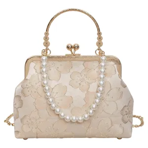 Vintage floral evening handbag with pearl handle, elegant retro shoulder crossbody bag for women.