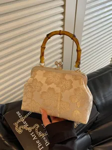 Vintage Chinese Style Embroidered Evening Bag Women Hanfu Qipao Handbag Bamboo Handle Kiss-Lock Crossbody Purse For Wedding Party