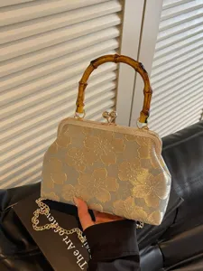 Vintage bamboo handle brocade evening handbag women elegant retro crossbody shoulder bag