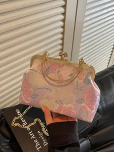 Retro Chinese Stijl Brokaat Borduurwerk Avondtas Voor Vrouwen Vintage Bamboe Handvat Kussluiting Ketting Schouder Crossbody Handtas Bruiloft Banket Feesttas