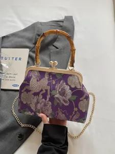 Vintage Chinese brokaat avondtas met bamboe handvat, elegante retro schoudertas.