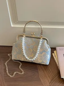 Vintage Floral Brocade Kiss-Lock Handbag with Pearl Chain Strap for Women Retro Style