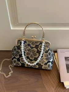Vintage Floral Brocade Evening Handbag Elegant Pearl Chain Crossbody Bag for Women