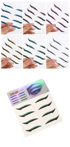 Close-up detail of glitter eyeliner stickers showing multiple color options and product packaging.