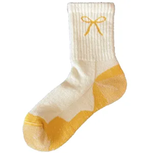 Merino wool mid-calf socks for women, warm winter thick loop pile cute yellow bow design.