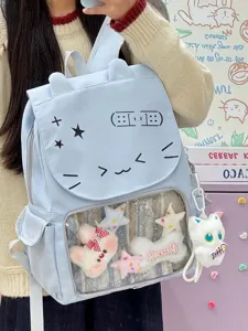 Zaino in tela carino gatto coreano con tasca trasparente e simpatici ciondoli decorativi.