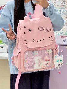 Zaino Ita gatto rosa vista dettagliata con finestra trasparente e simpatici ciondoli