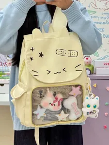 Zaino in tela carino in stile coreano con tasca trasparente design gatto per ragazze