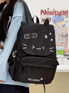 Zaino nero stile coreano carino con orecchie di gatto, grande borsa scolastica per ragazze.