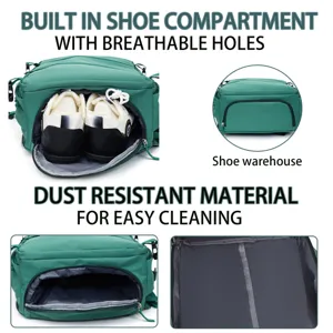 Detailed view of the green travel backpack clearly showing the built-in shoe compartment.