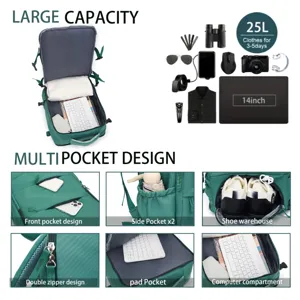 Green casual travel backpack with large capacity, multi-pocket design, and shoe compartment.