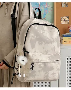 Tie-dye casual canvas backpack large capacity school bookbag with cute plush pendant