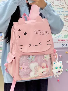 Zaino Ita rosa da gatto carino con tasca trasparente e ciondoli in peluche per ragazze.