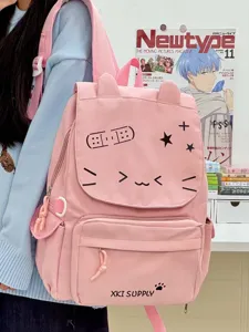 Zaino rosa carino con orecchie di gatto e design emoticon per studenti e ragazze.
