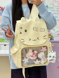Zaino ita carino in stile coreano con orecchie di gatto e tasca frontale trasparente.