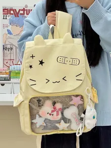 Zaino ita in tela in stile coreano con simpatiche orecchie di gatto e tasca frontale trasparente.
