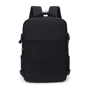 Unisex minimal black casual backpack, versatile travel school bookbag for daily commute.