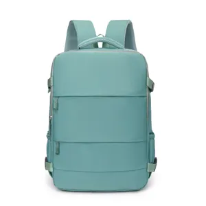 Close-up detail of mint green casual backpack featuring multi-layer zippered compartments.