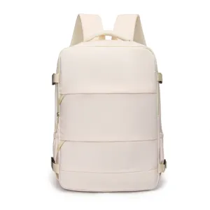 Minimalist beige casual backpack, durable fabric, multiple storage compartments and straps.