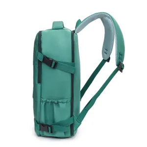 Green casual backpack side detail view with adjustable straps, buckles, and mesh padding.
