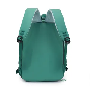 Backpack detail view showing breathable mesh shoulder straps and adjustable plastic buckles.