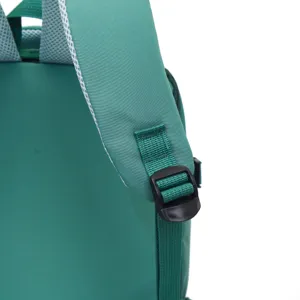Backpack detail view showing the adjustable shoulder strap and durable plastic buckle design.
