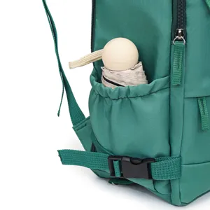 Green backpack side pocket detail view showing elastic pouch and secure zipper close.