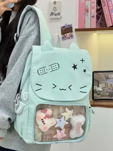Zaino ita in tela in stile coreano carino con emoticon gatto e finestra trasparente per ragazze