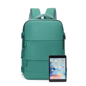 Green casual travel backpack detail, multi-pocket school bookbag for men and women.