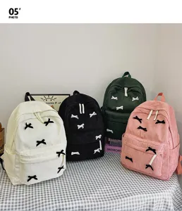 Japanese style cute corduroy backpack women bow minimalist casual school bookbag