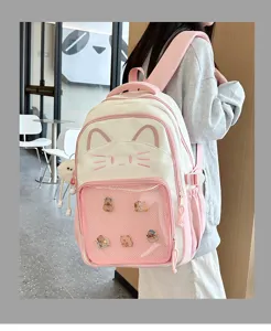 Cute cat ita backpack for school girls, pink and white design with clear pocket for pins.
