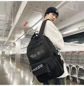 Classic casual canvas backpack for students, large capacity black school bag with stylish print.