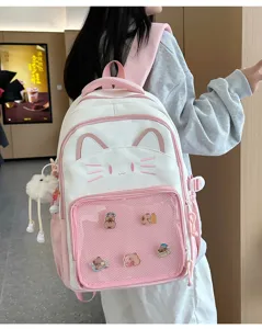 Cute cat ita backpack for school, pink and white canvas daypack with transparent mesh pocket.